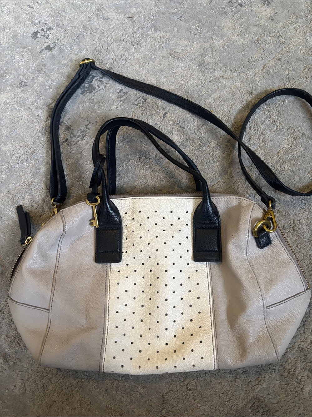 Fossil Two-Tone Perforated Leather Shoulder Bag - Black & Cream